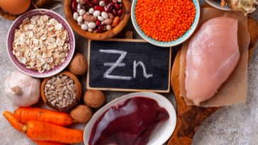 various high-zinc foods surrounding a blackboard that read zn