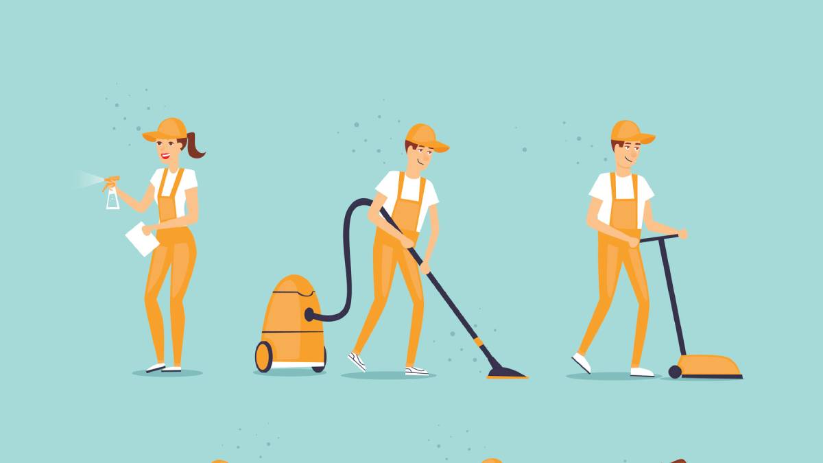 Illustrations of cleaners on a blue background
