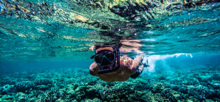 man snorkeling in shallow water