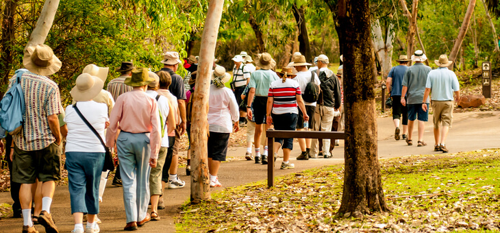 older people walking in a park