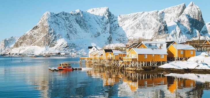 snowy mountains surrounding bay in norway