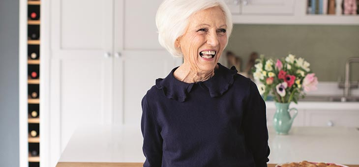 mary berry smiling in her kitchen