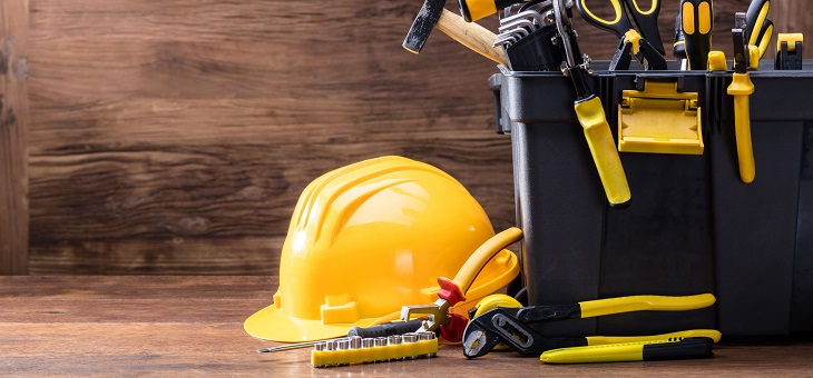 hard hat and set of power tools