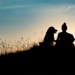 silhouette of woman and dog sitting on hill at sunset