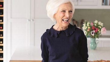 mary berry smiling in her kitchen