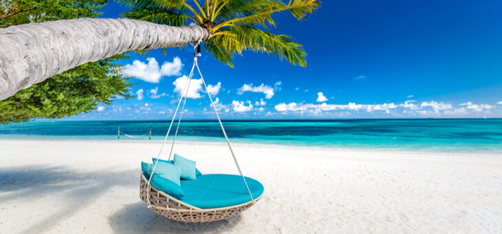 hammock hanging from palm tree on pristine beach