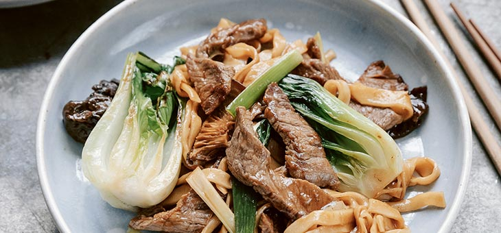 Wok-Fried Noodles with Beef and Pak Choi