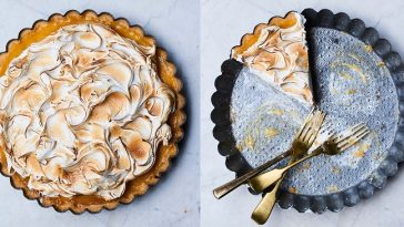 two meringues side by side with one mostly eaten