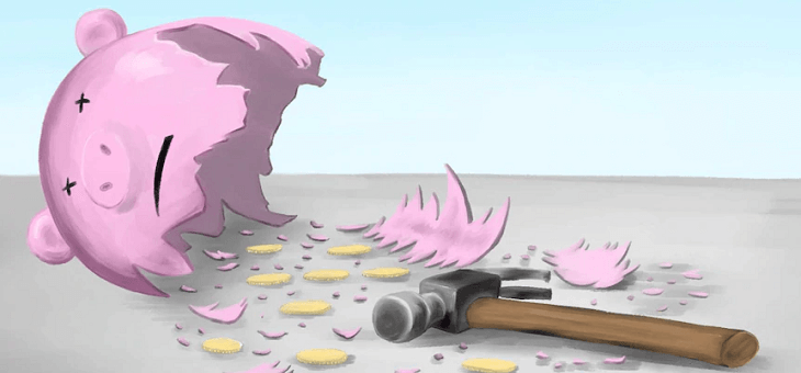 illustration of broken piggy bank with scattered coins and hammer nearby