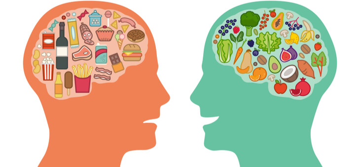 cartoon of two heads, one filled with healthy food, the other junk food