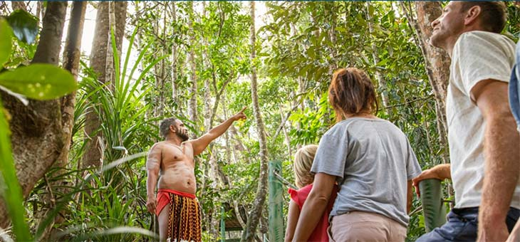 indigenous australian leading a tour group through a forest