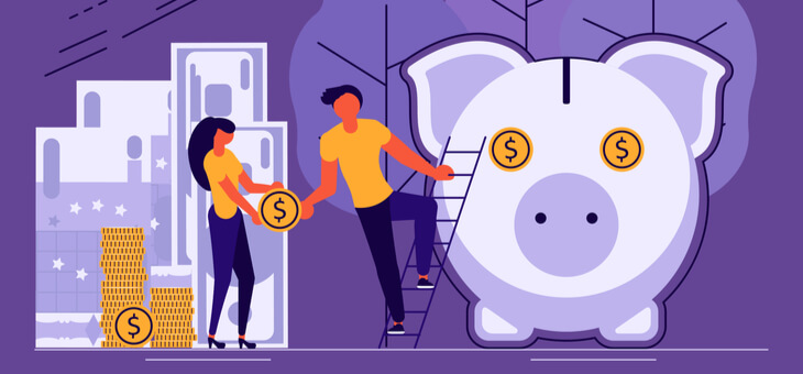 graphic of two people putting coins in piggy bank