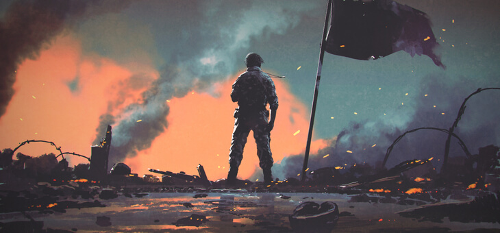 soldier standing on ruined battlefield
