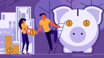 graphic of two people putting coins in piggy bank