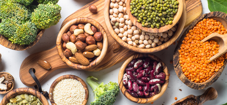 bowls of nuts and legumes high in protein