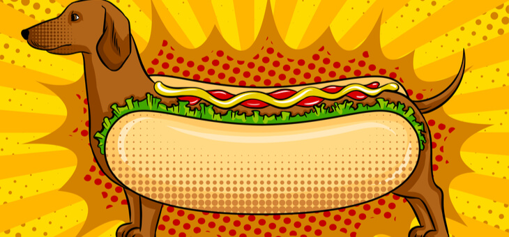 cartoon of sausage dog in hot dog costume