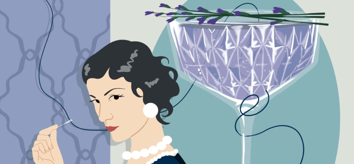 Charming cartoon of Coco Chanel and a matching cocktail