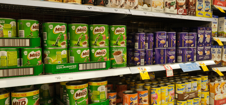 tins of milo on australian supermarket shelves