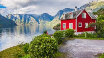 quaint house by fjord in norway