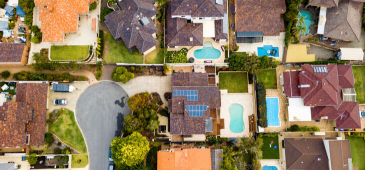 aerial shot of suburban houses