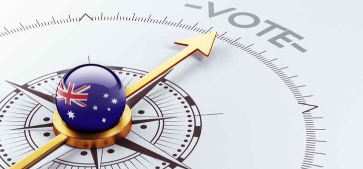 compass with australian flag at centre pointing to the word vote