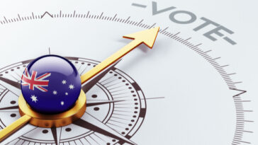 compass with australian flag at centre pointing to the word vote