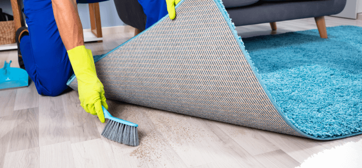 Woman sweeping dirt under the carpet