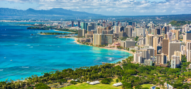 aerial shot of oahu and central honolulu
