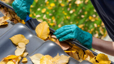person cleaning leaves from roof gutter