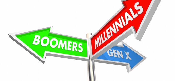 three arrows labelled boomer, gen x and millennial pointing in different directions