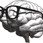 monochrome retro engraving human brain with black glasses