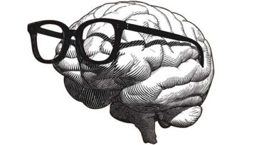 monochrome retro engraving human brain with black glasses