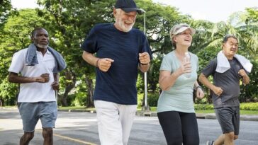 group of senior citizens jogging