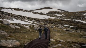 two hikers walking the Kosciuszko alpine trail