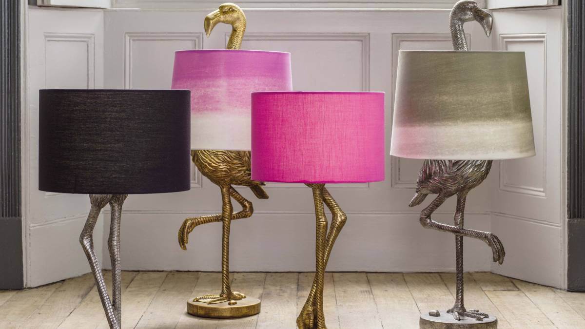 Gold and silver flamingo lamps with pink shades
