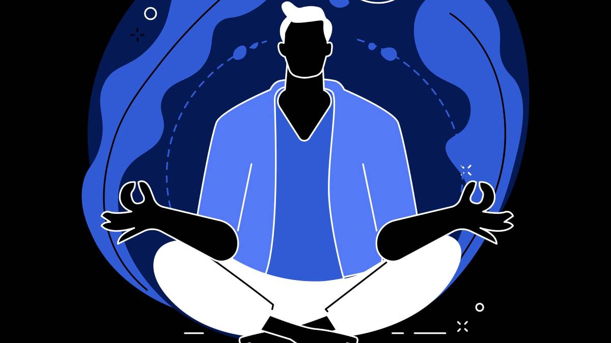 Drawing of a man meditating with a purple background