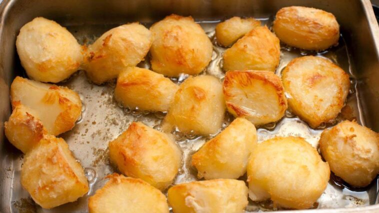 Roast potatoes in a tray