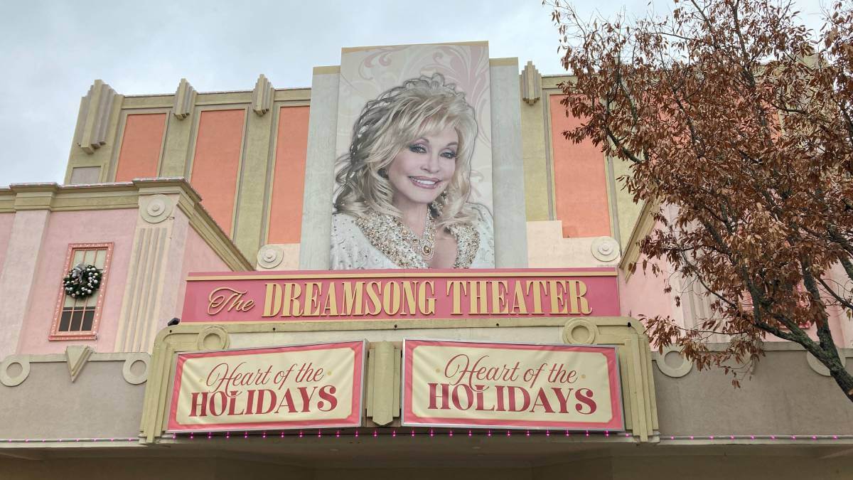 Front of a theatre showing Dolly Parton