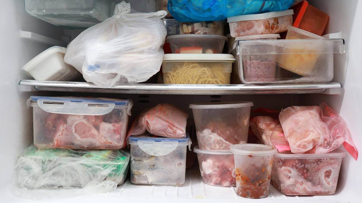 Freezer stuffed with Tupperware and bags of food