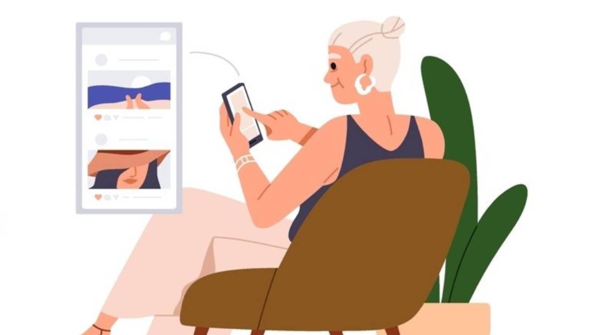 Graphic of a woman scrolling social media on her phone