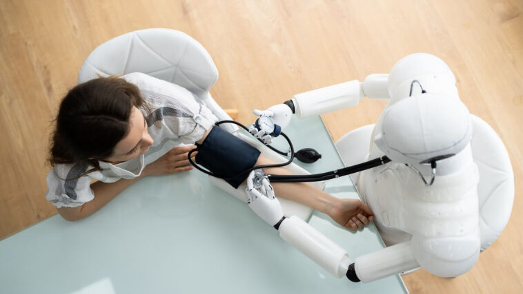 robotic doctor taking blood pressure of patient