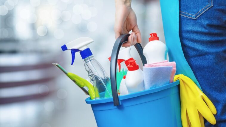 woman carrying bucket of cleaning products
