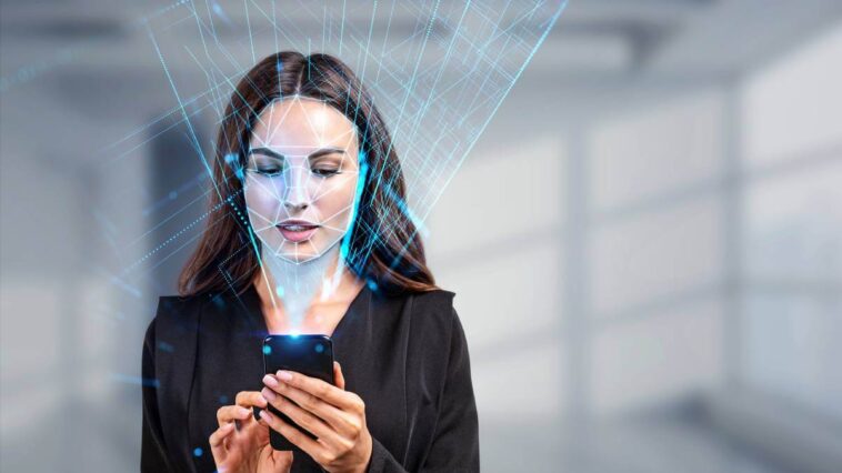 Woman using facial recognition for digital ID