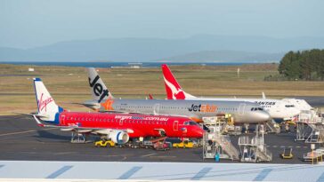 Qantas, Virgin and Jetstar planes sitting at Hobart airport