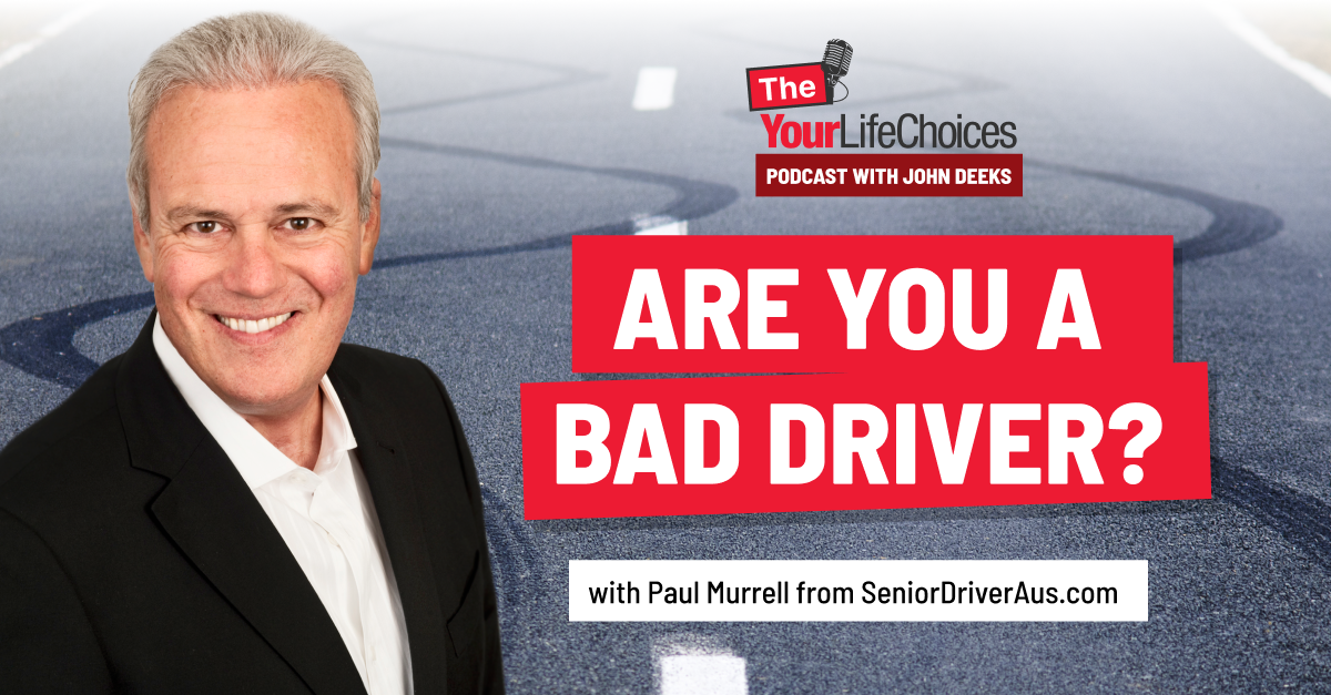 Podcast tile showing John Deeks, who is interviews driving expert Paul Murrell from Seniors Drivers on driving habits.