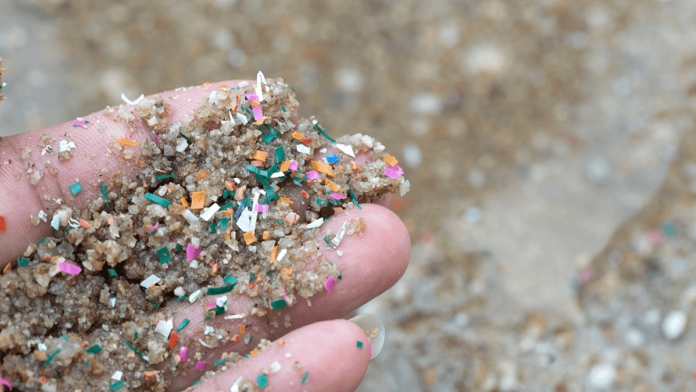 Close-up side shot of hands shows microplastic waste contaminated with the seaside sand
