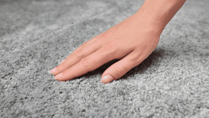Woman touching grey carpet, close up. Close up of hand touching soft carpet. Gentle and fluffy carpet between fingers