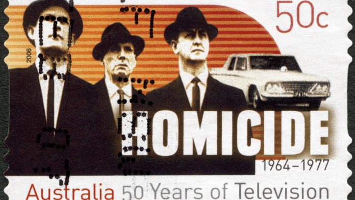A stamp printed in Australia shows Homicide, 50 years of television, Television shows, 2006