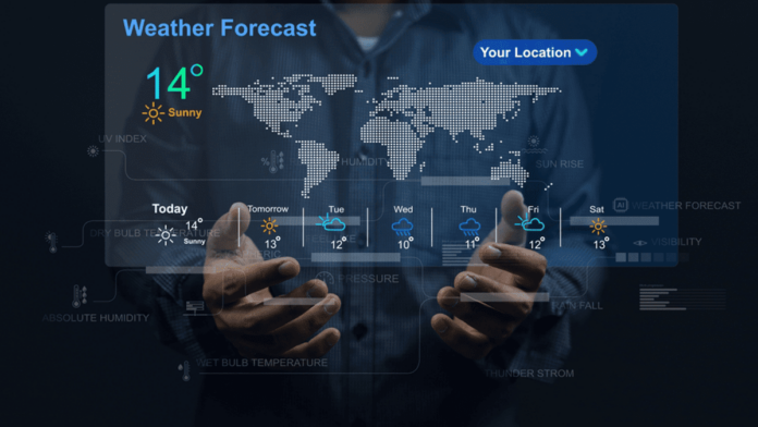 The user's hand check the weather forecast on screen checking the weather during the day