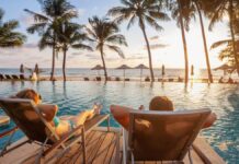 Couple enjoying a hotel pool